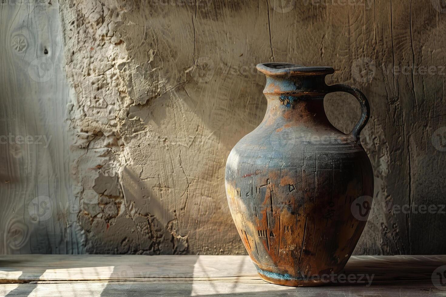 Old clay jug standing on rustic wooden table against grunge wall photo