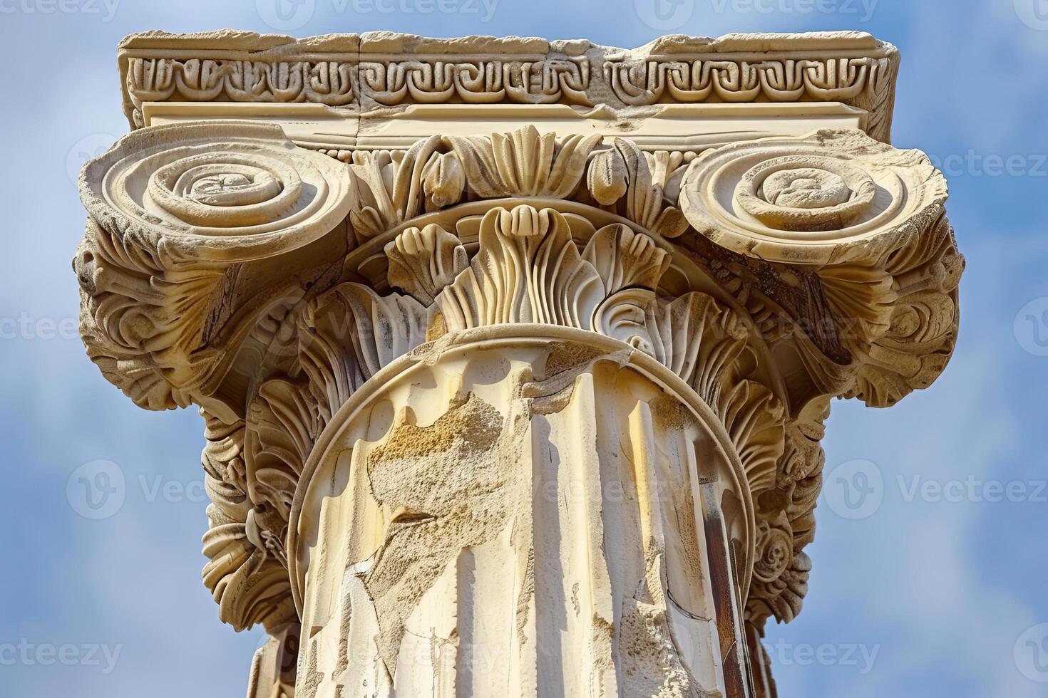 Detail of corinthian order column capital standing against blue sky photo