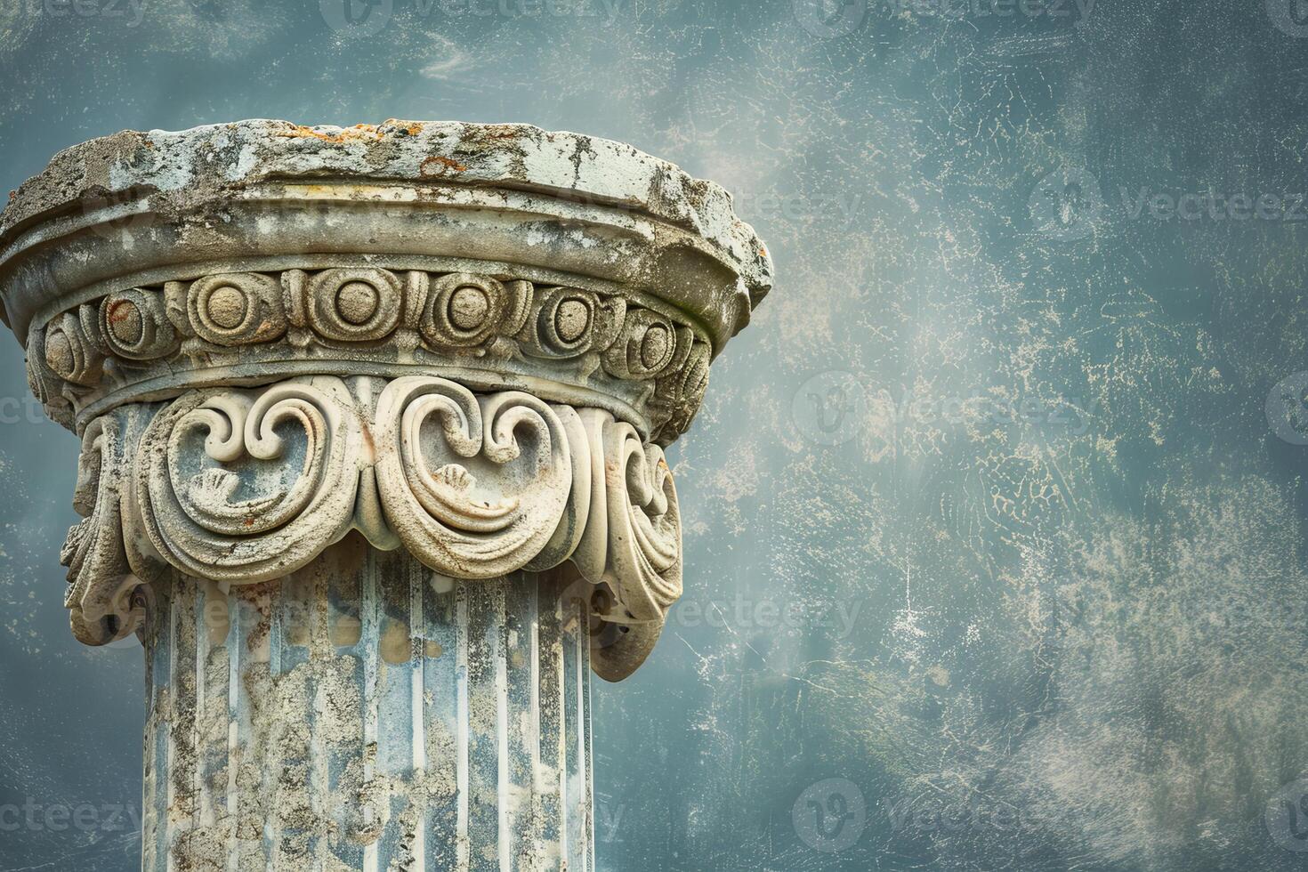 Ancient greek column capital standing against a weathered wall background photo