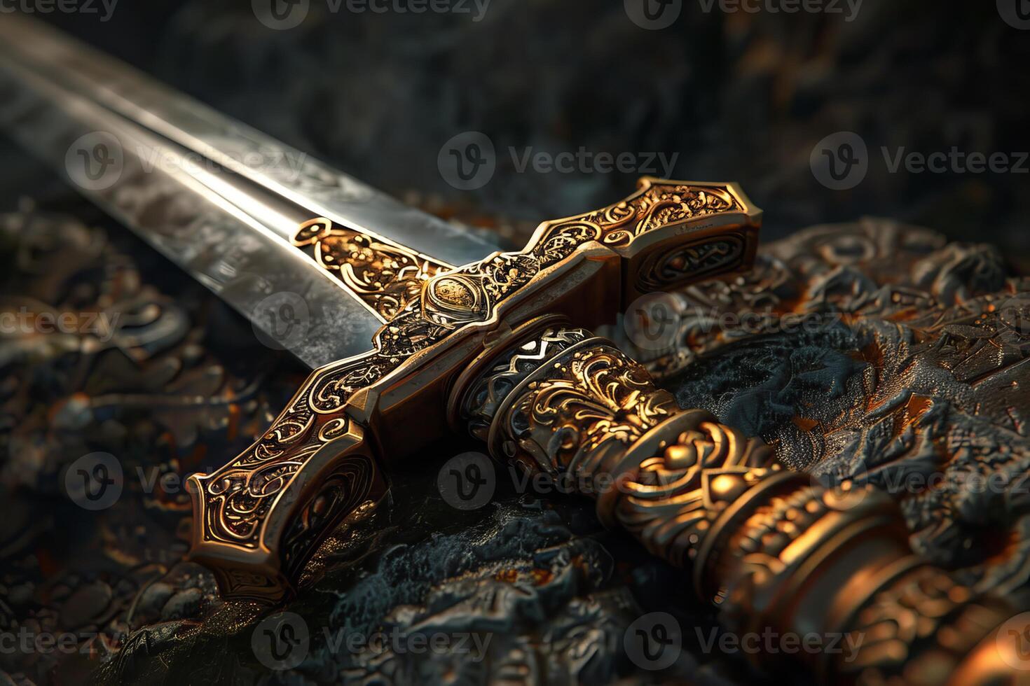 Ornate medieval fantasy sword resting on ancient stone surface photo