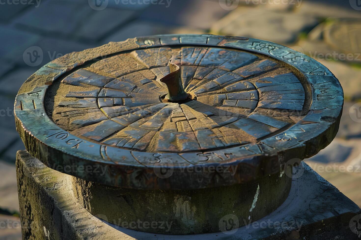Weathered sundial casting a shadow on its stone base photo