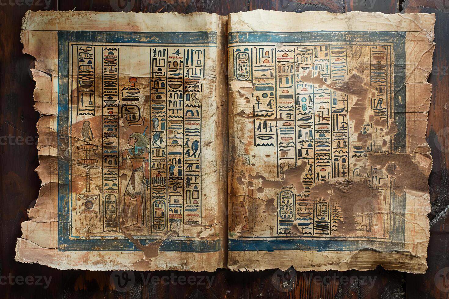 Ancient egyptian papyrus showing detailed hieroglyphics and drawings photo