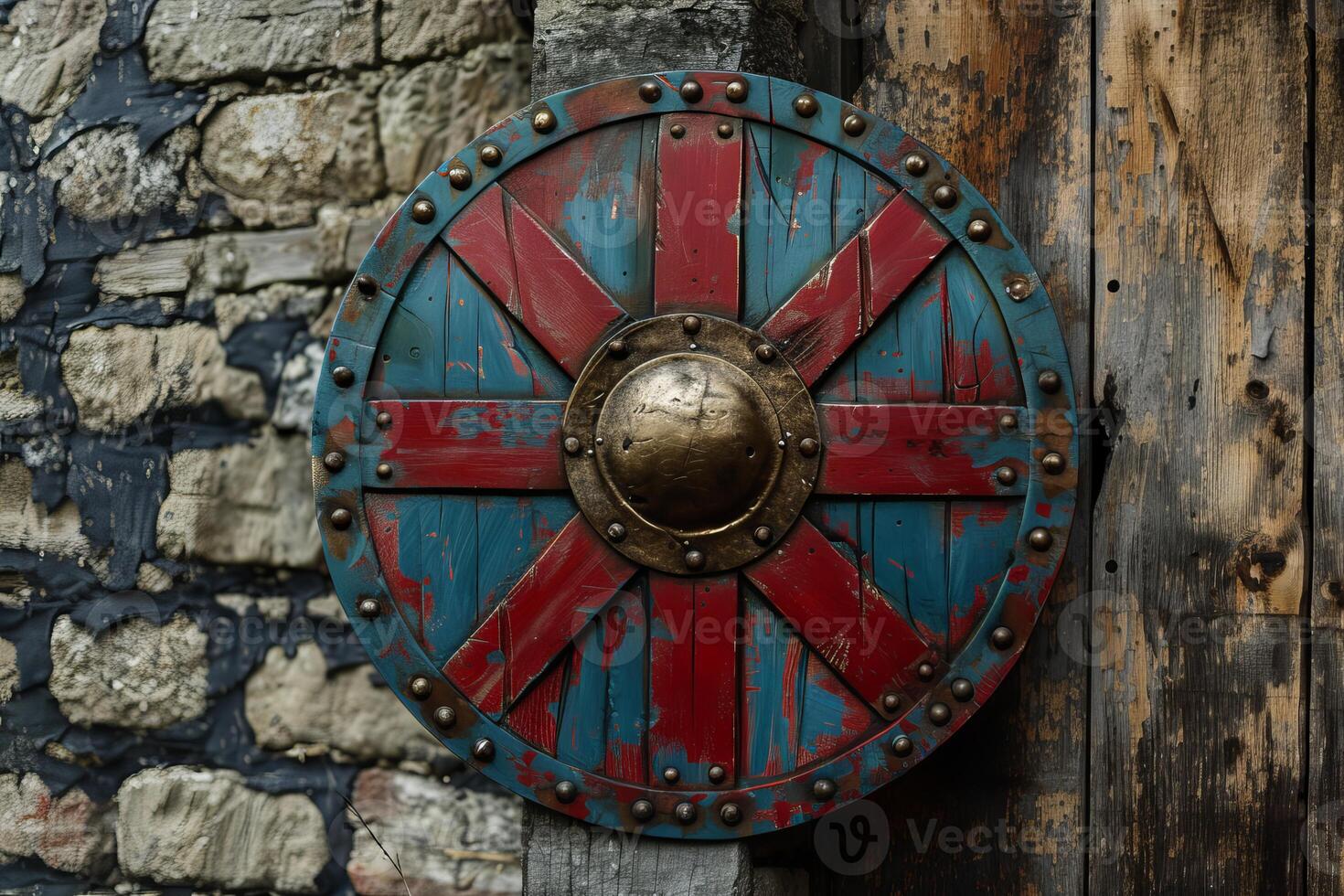 Old viking wooden shield with metal plates hanging on wall photo