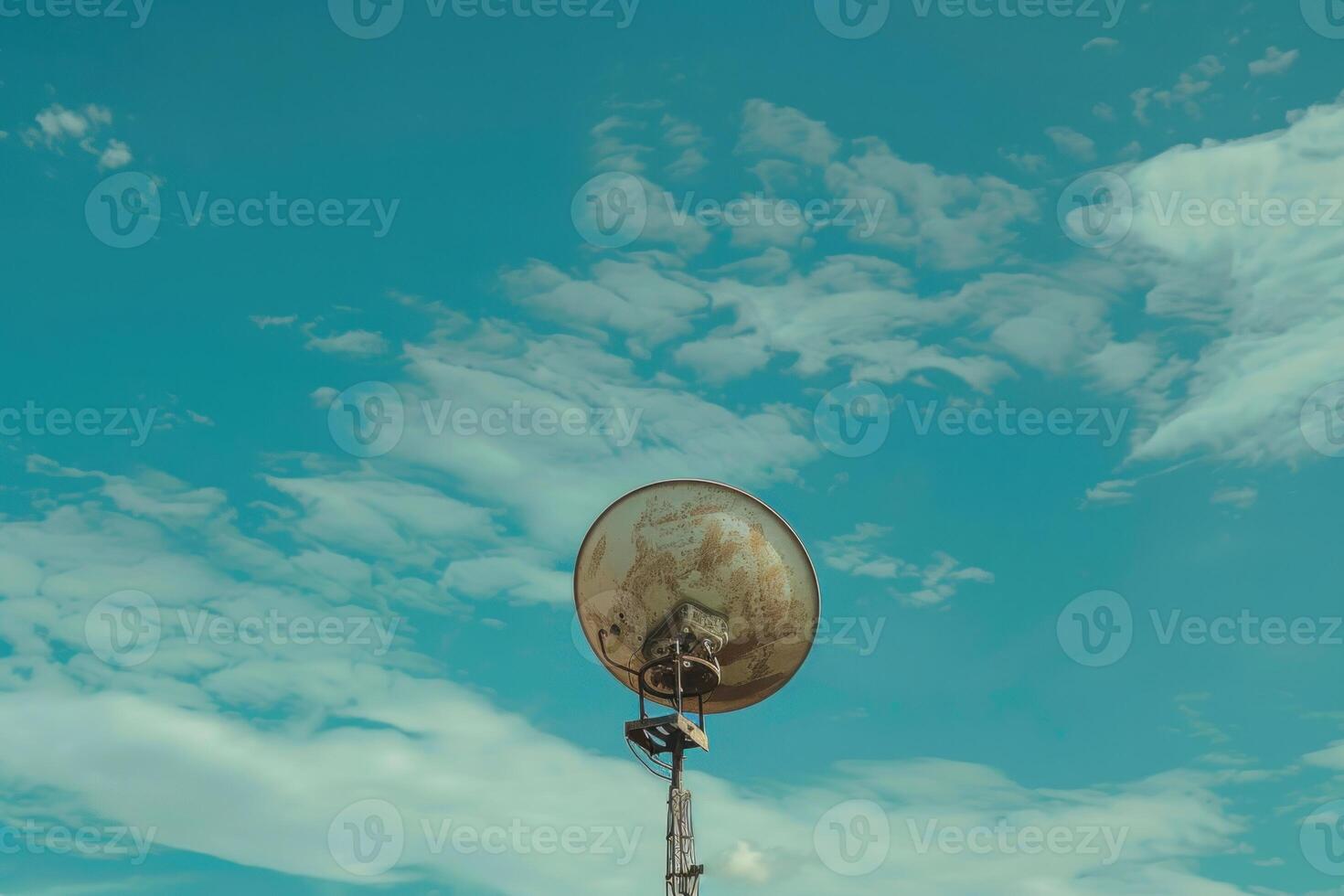 Old rusty loudspeaker pointing up to the blue sky on cloudy day photo