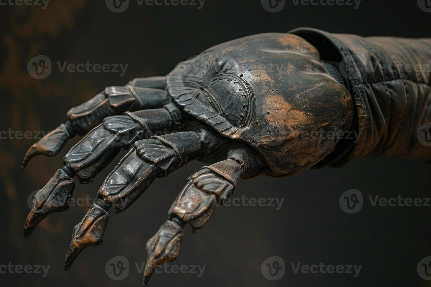 Metallic clawed hand reaching out from darkness photo
