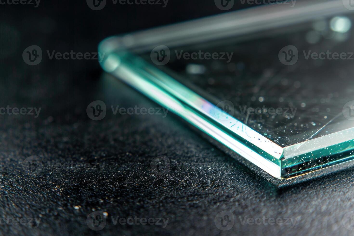 Closeup of a thick piece of glass resting on a black surface photo