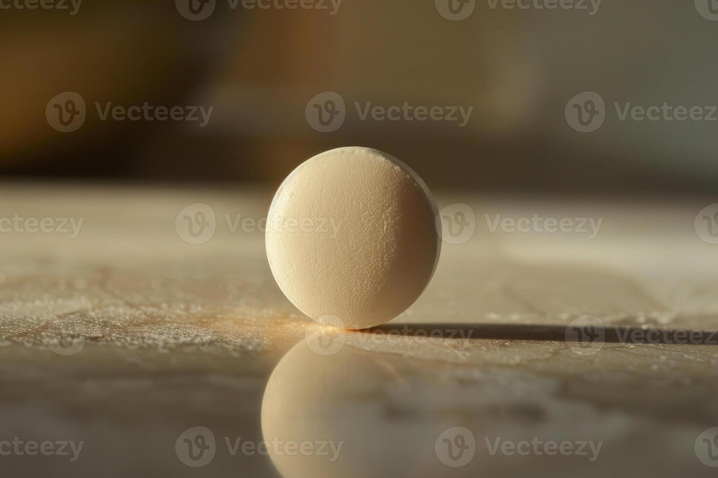 Round white pill casting a shadow on a tabletop photo