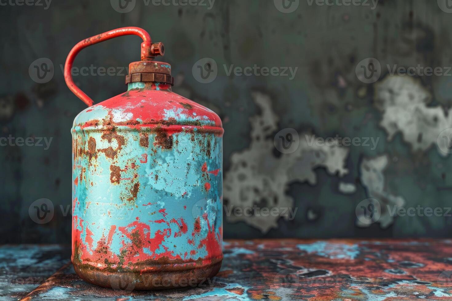 Old rusty red and blue sprayer sitting on a metal table photo