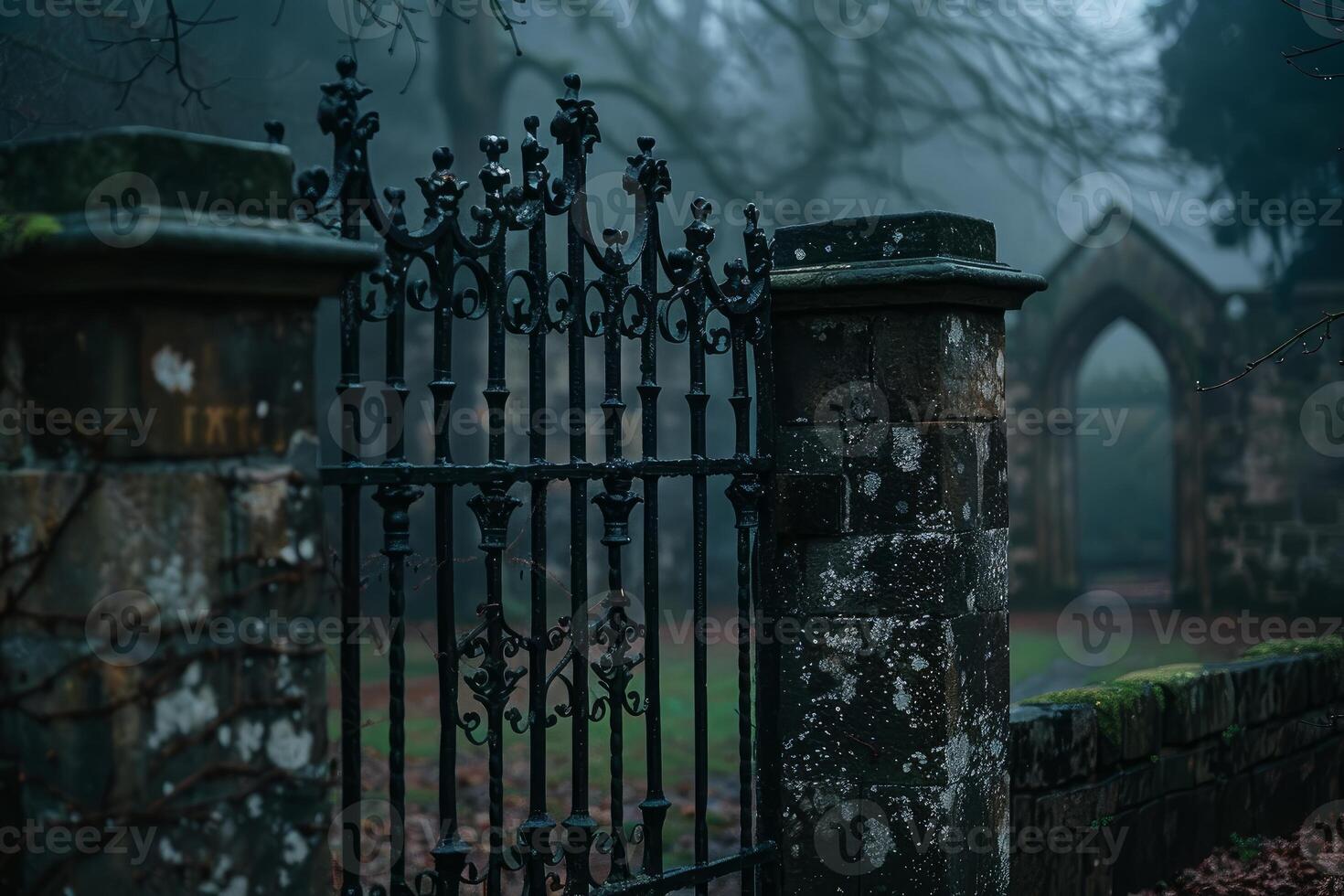 Ancient cemetery gate hiding spooky graveyard covered in fog photo