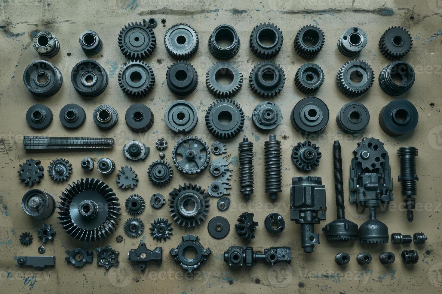 Mechanic arranging many different car parts on workbench photo
