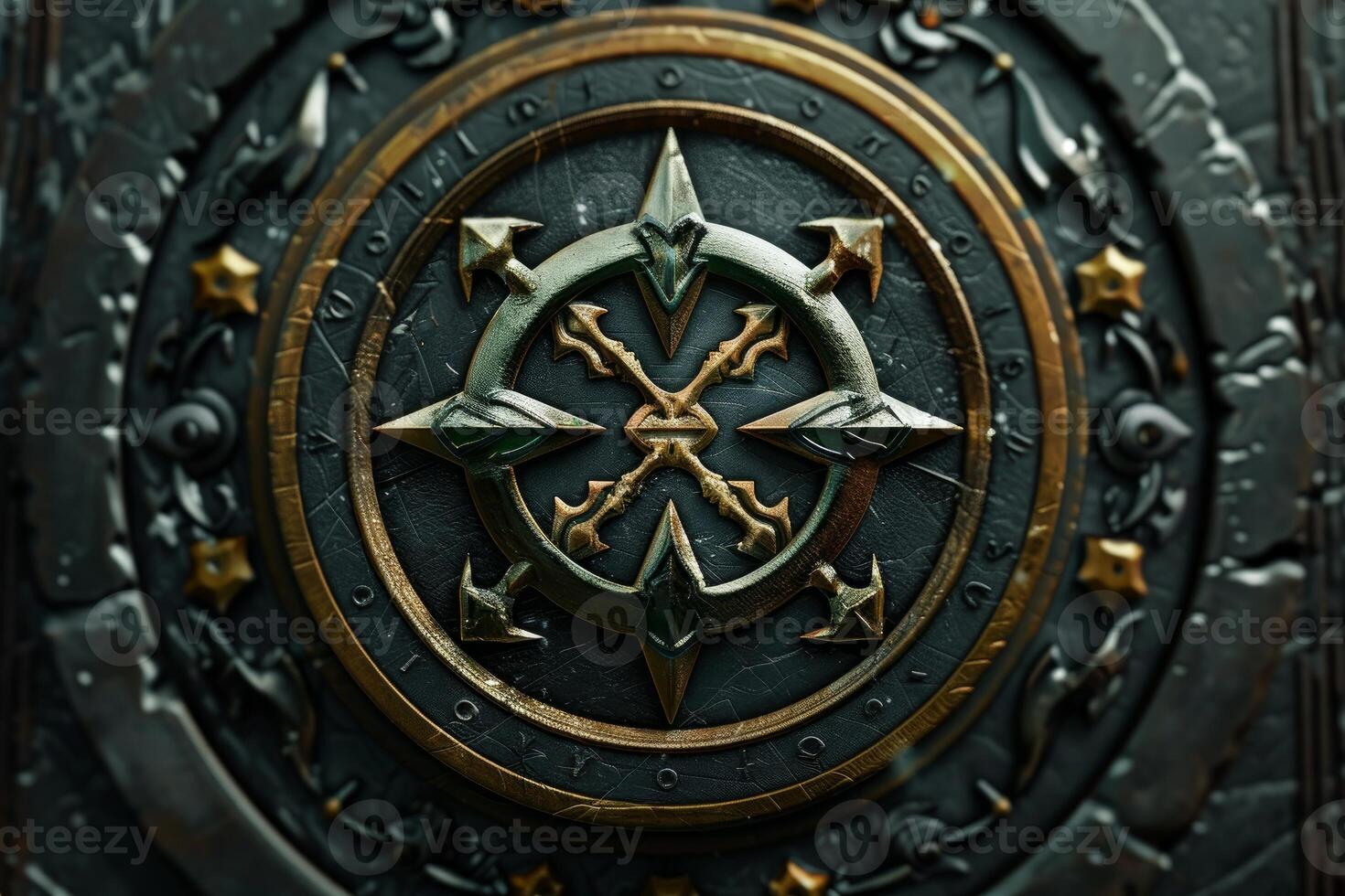 Ancient metallic ornate compass showing north direction photo