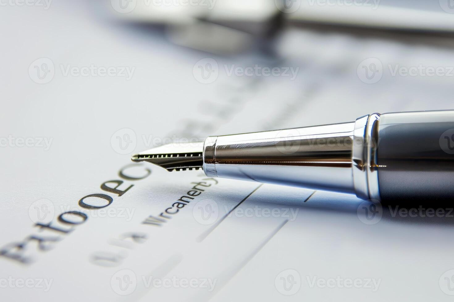 Elegant fountain pen lying on a document ready for signing photo