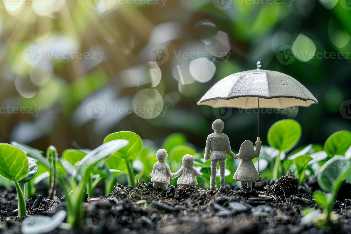 Family of figurines standing under umbrella protecting them from rain in lush green environment photo