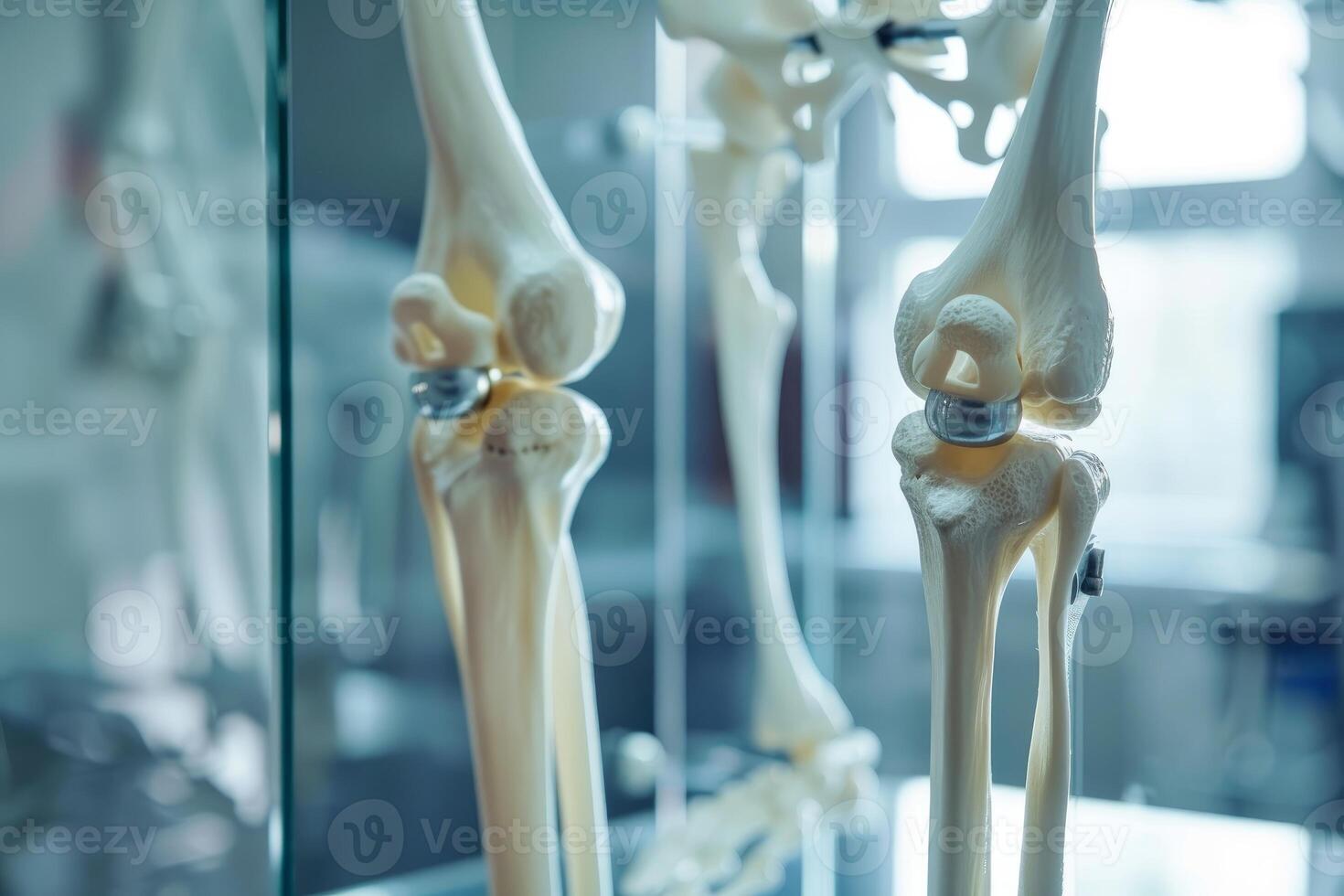 Artificial knee joint replacing damaged joint on anatomical model photo