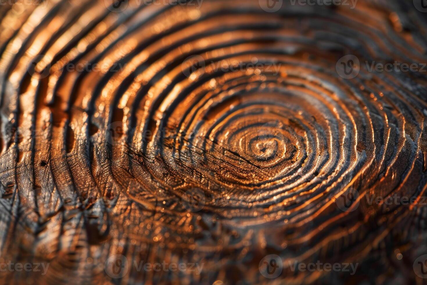 Closeup of a tree trunk showing concentric rings illuminating by golden sunlight photo