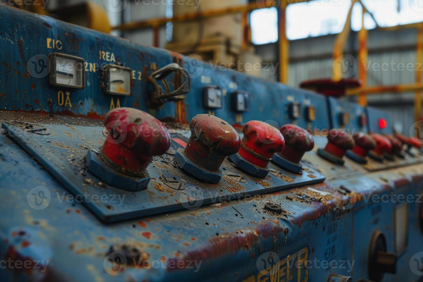 Old rusty control panel with red buttons is covered in dust photo
