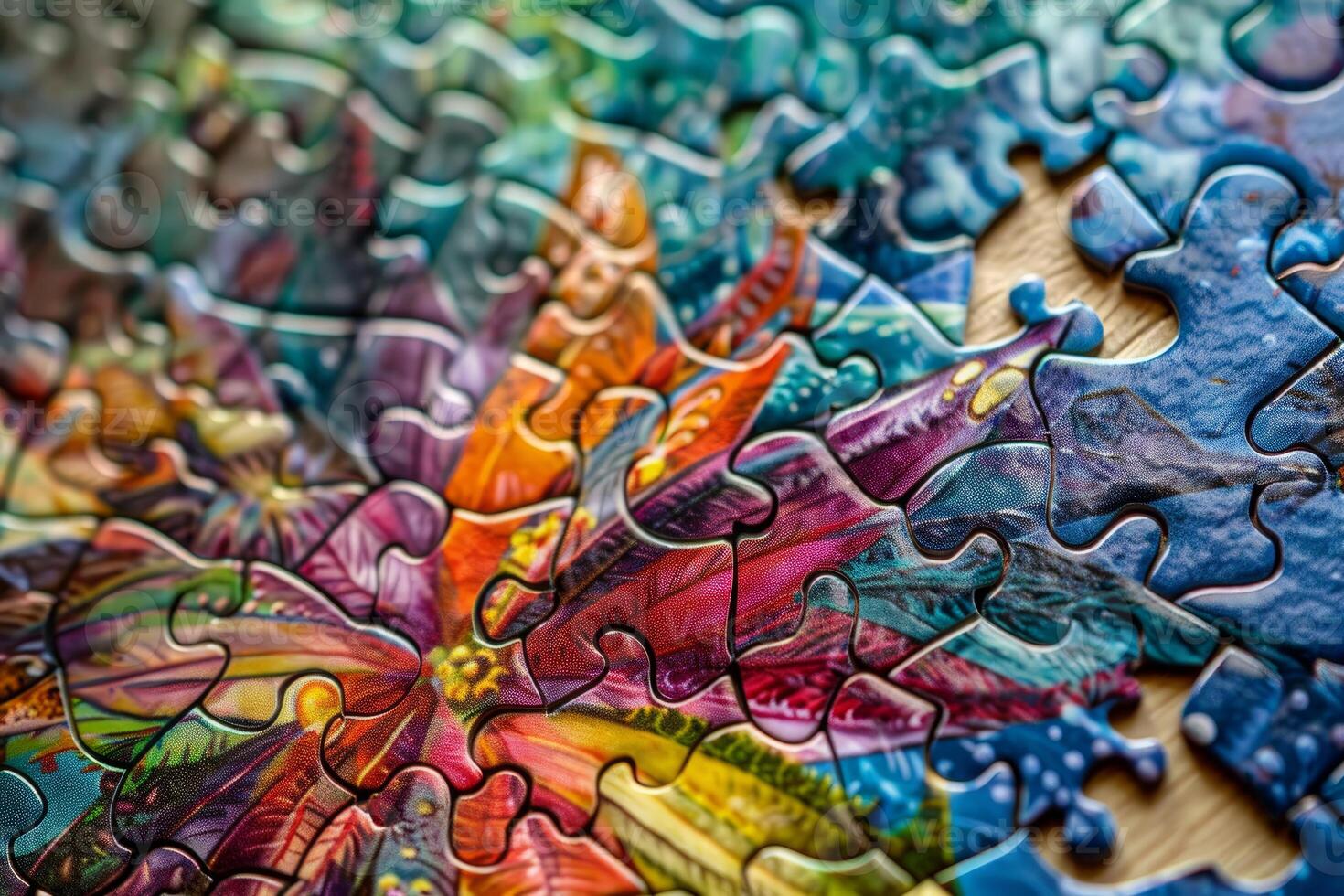 Colorful puzzle being solved on tabletop showing intricate details photo