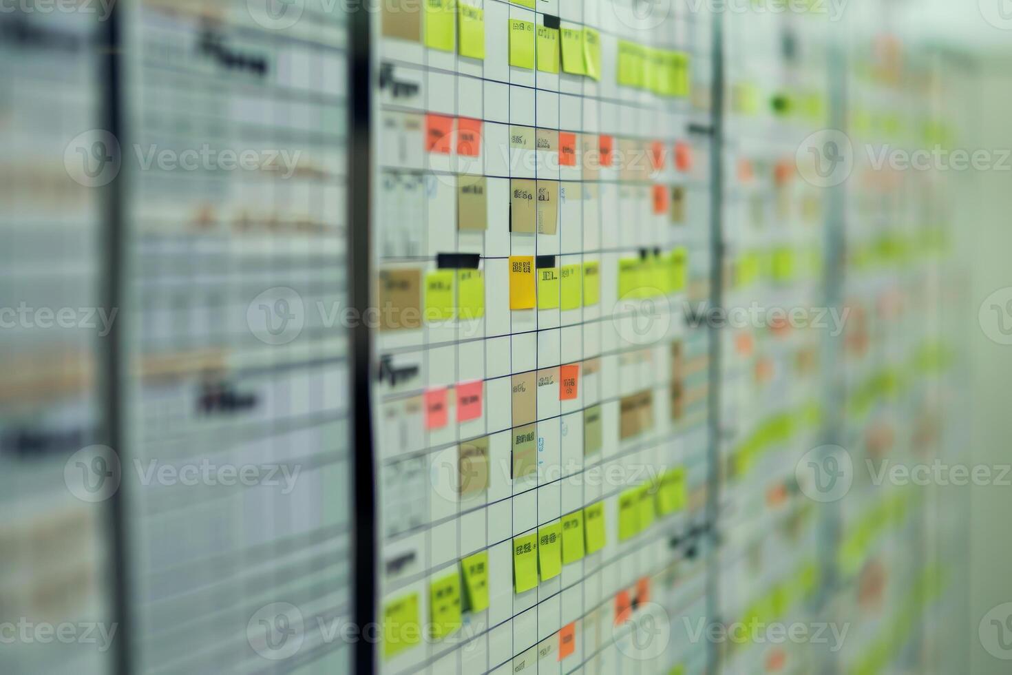 Project management board showing workflow progress with sticky notes photo