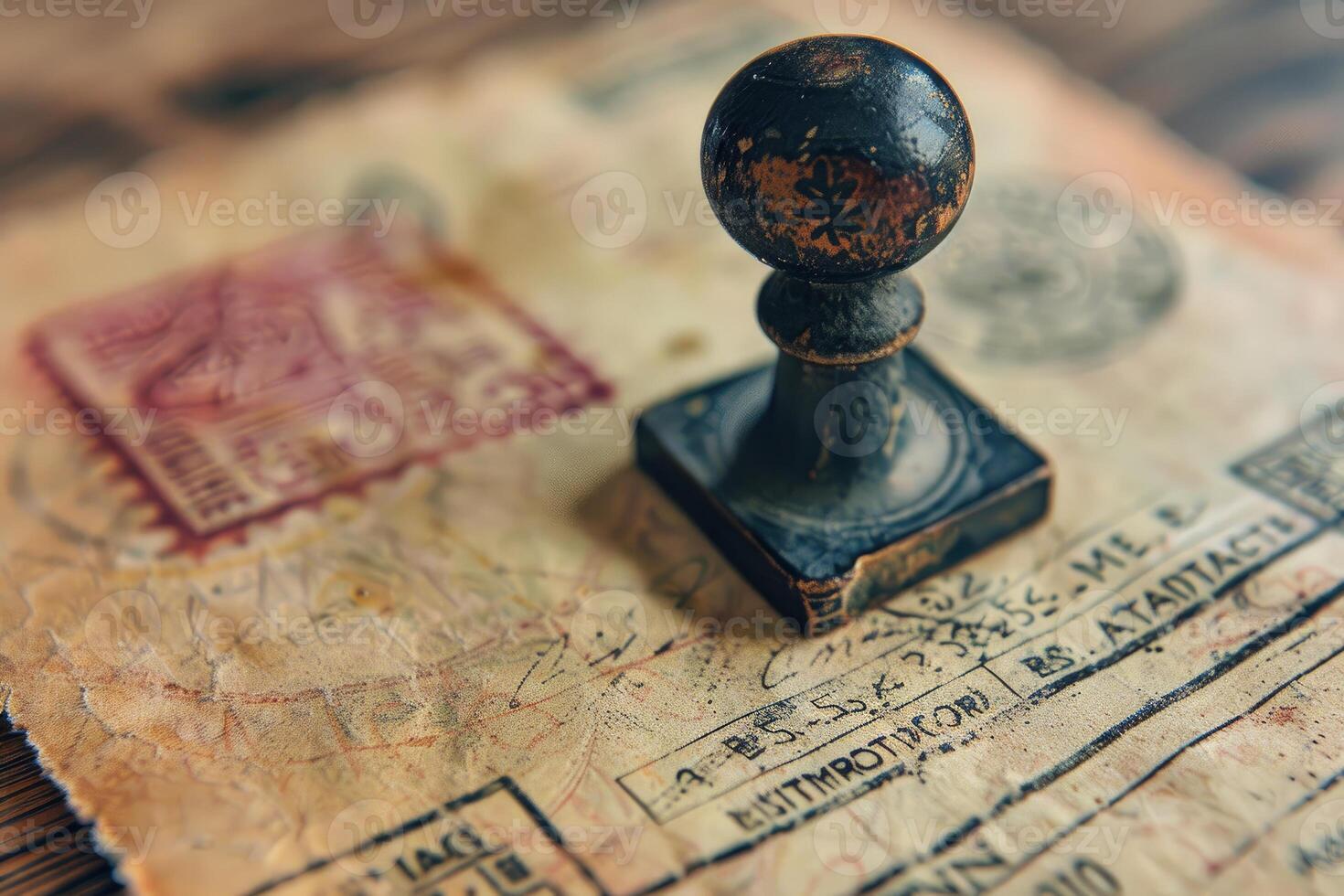 Old rubber stamp lying on an important paper document with red ink stamps photo