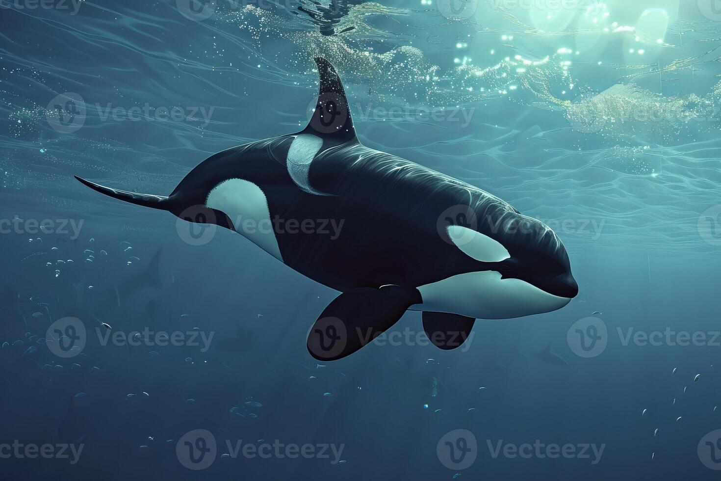 Orca whale swimming underwater in blue ocean water photo