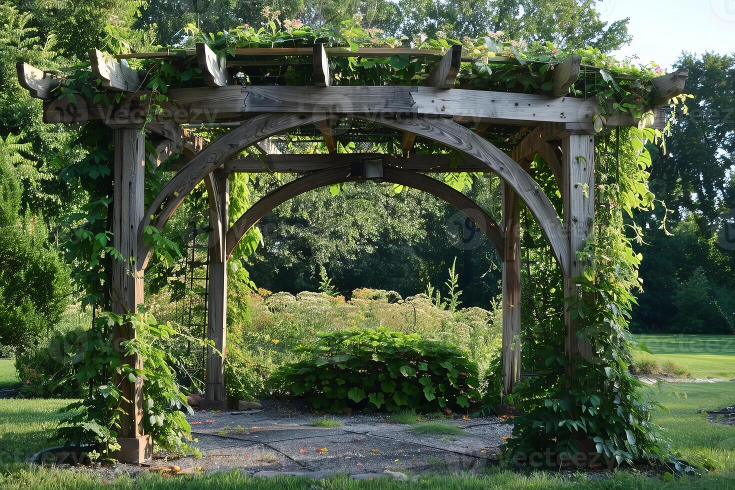 Wooden pergola covered in climbing vines leading to a tranquil garden photo