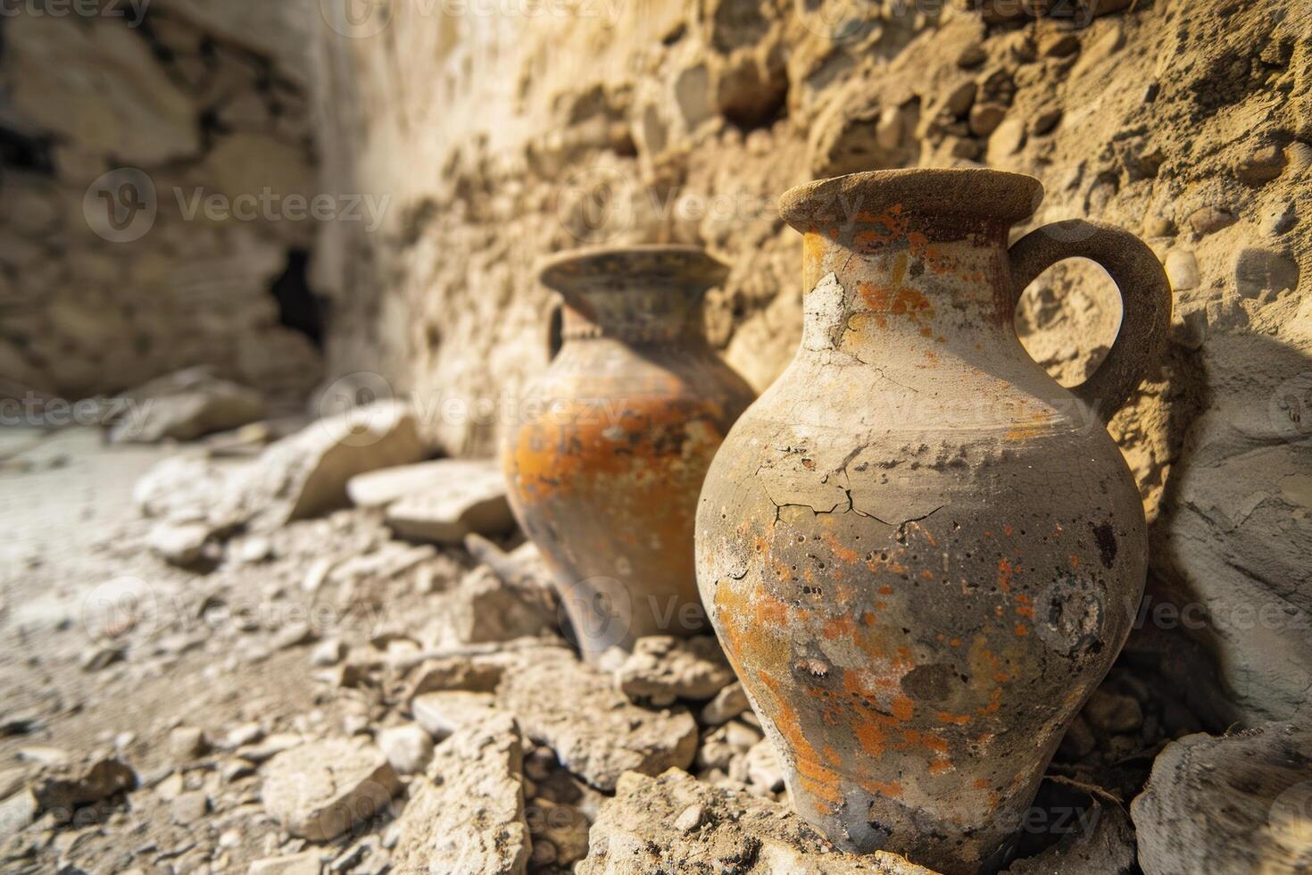 Two ancient clay pots resting against crumbling wall in an archaeological dig photo