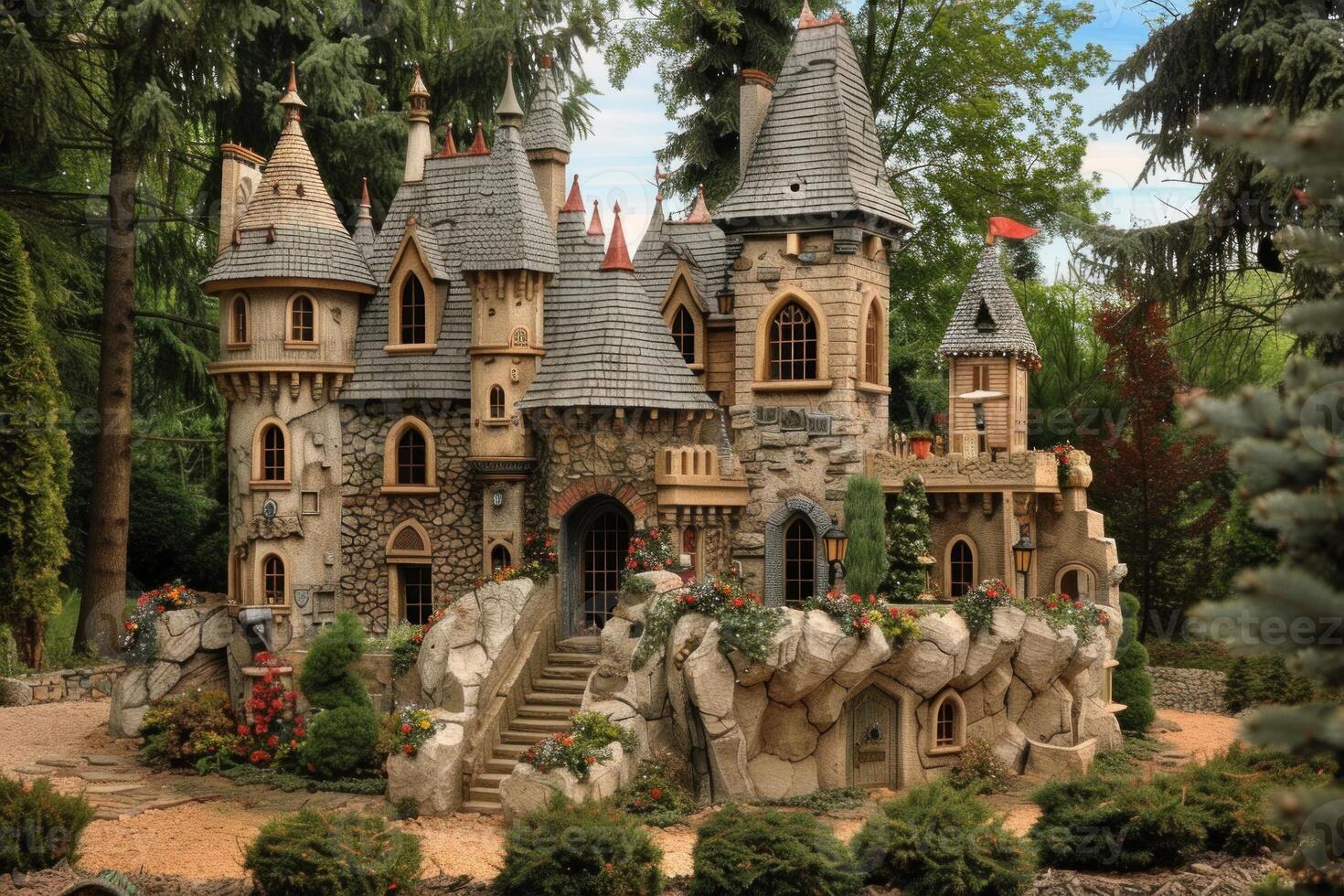 Fairytale stone castle surrounded by lush green forest photo