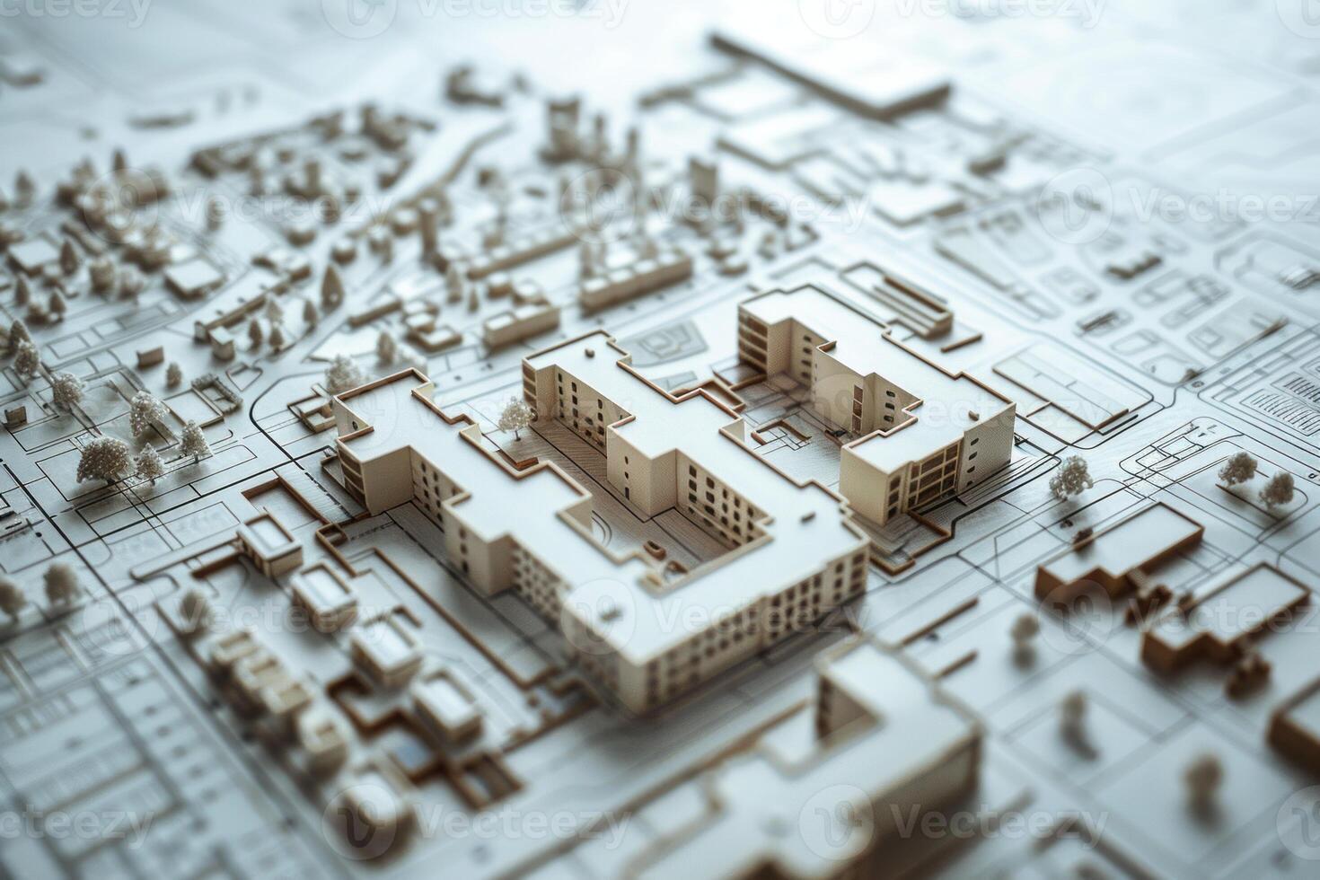 White architectural model of a residential complex on architectural drawings photo