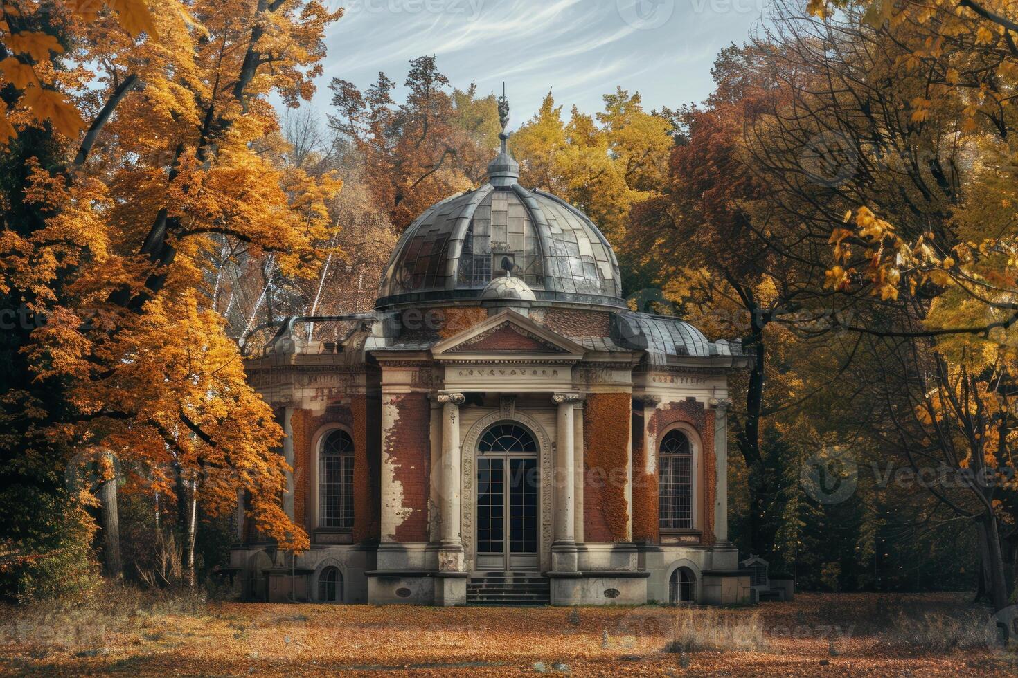 Abandoned neoclassical rotunda surrounded by autumn trees photo
