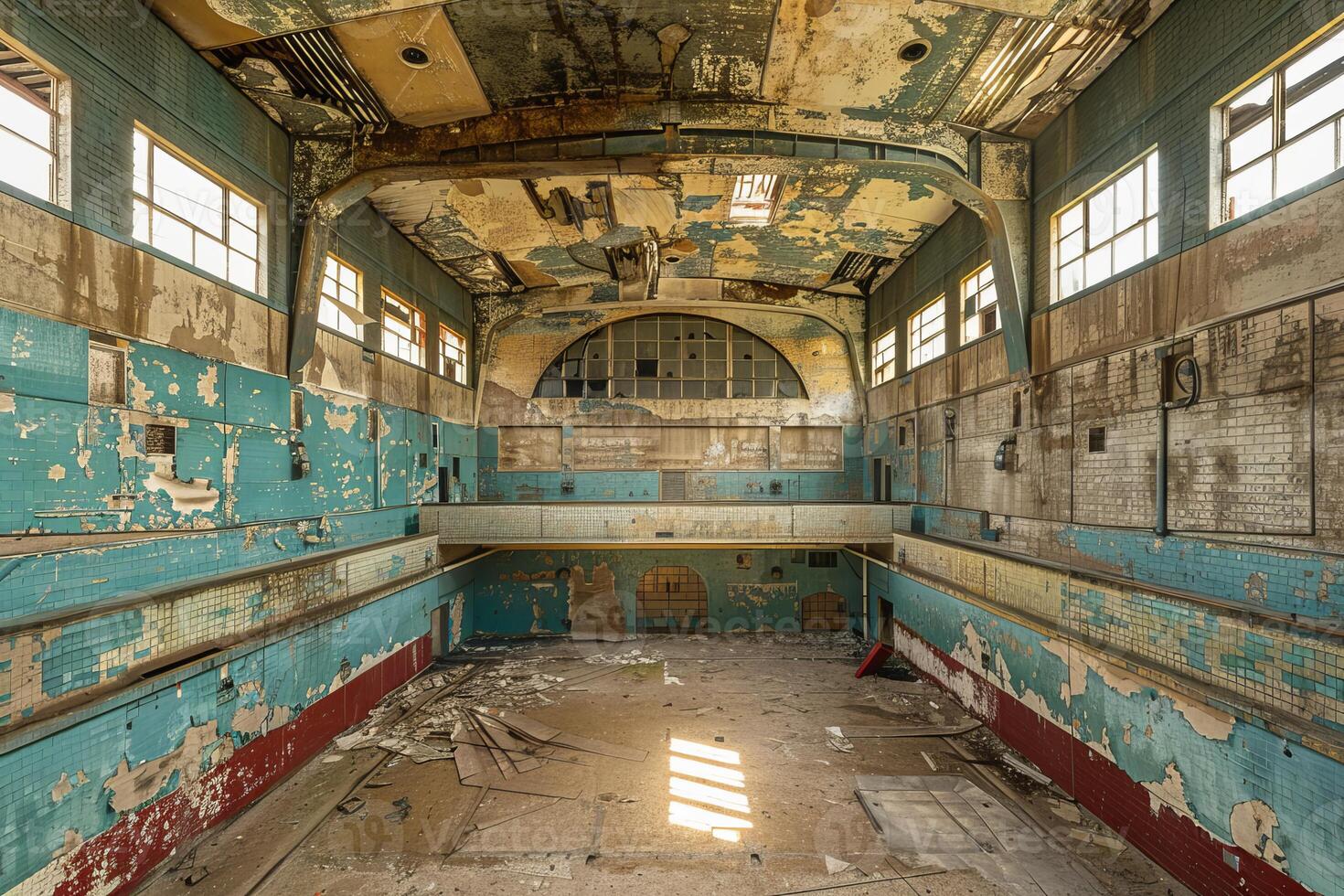 Abandoned indoor swimming pool falling into ruin photo