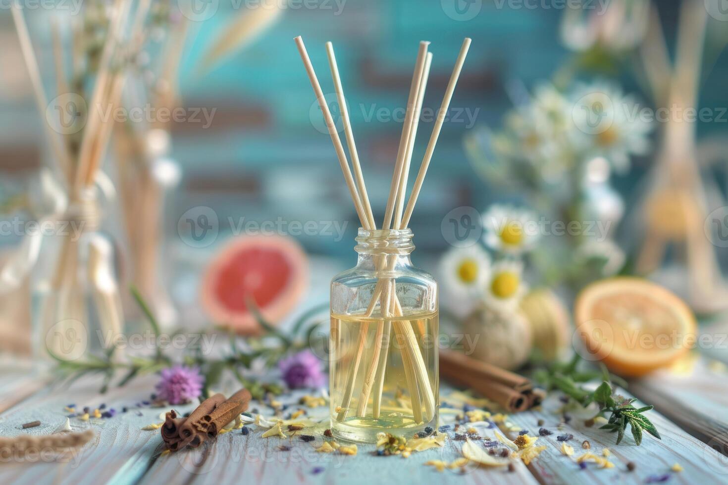 Aromatic reed diffuser surrounded by flowers and fruit slices on rustic table photo