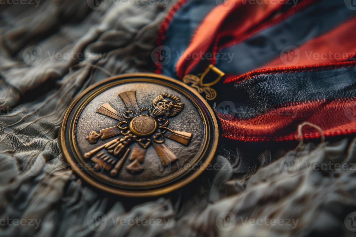 Ancient medallion resting on flowing fabric with red and blue ribbon photo