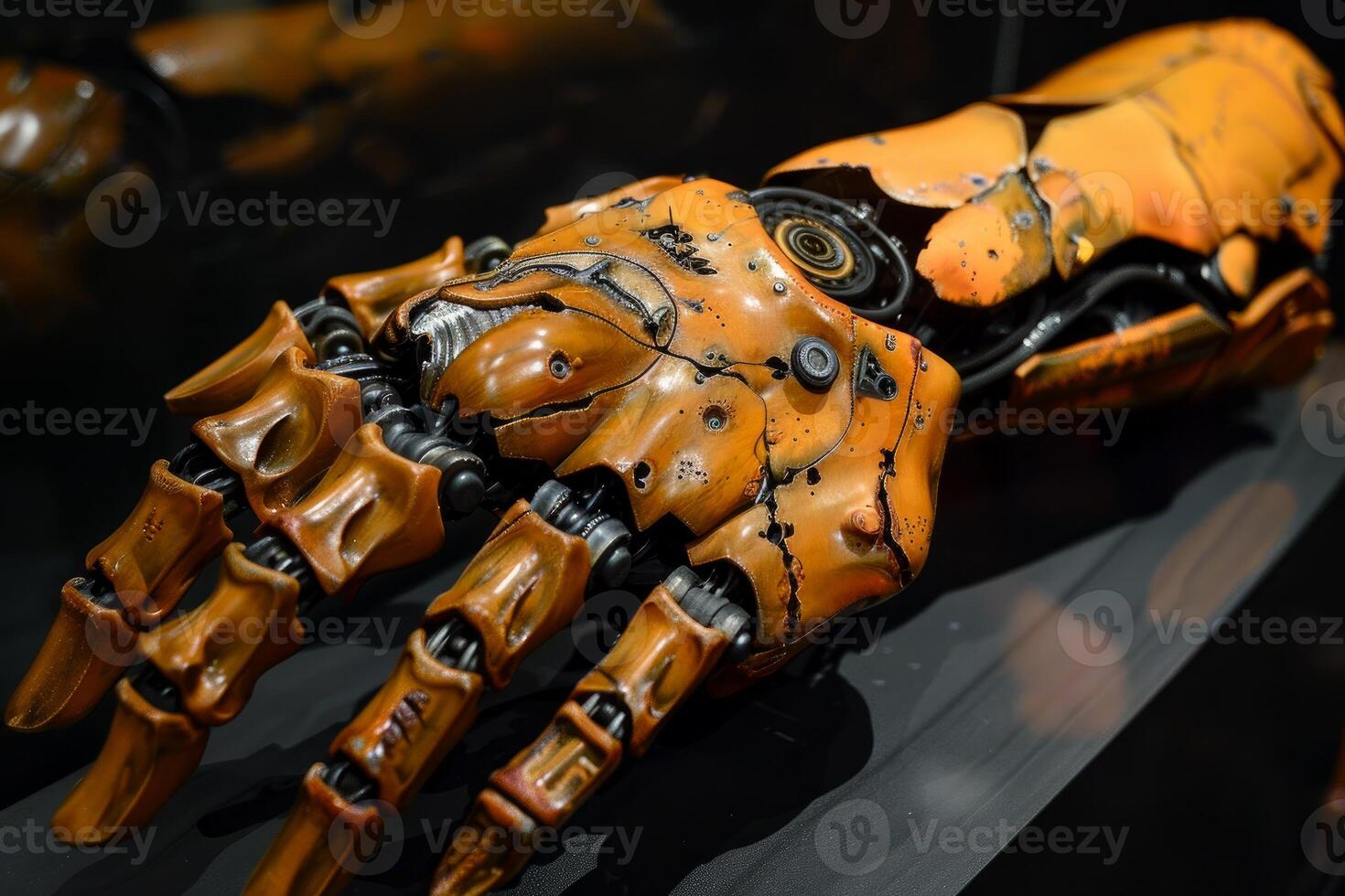 Advanced orange bionic hand resting on a table photo