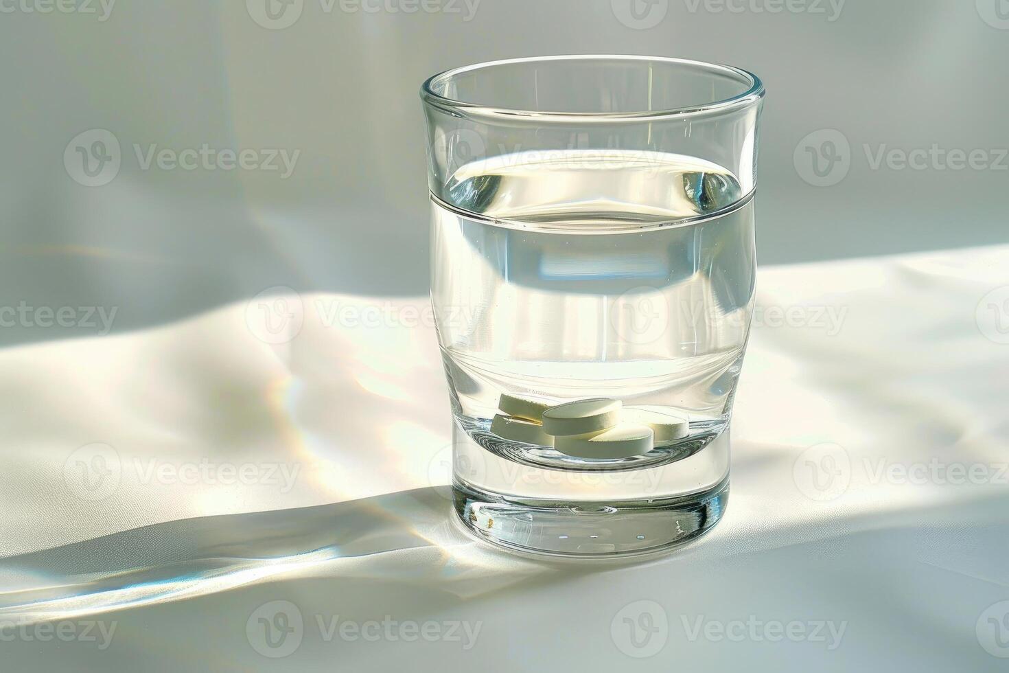 Glass of water with dissolving pills on white background photo
