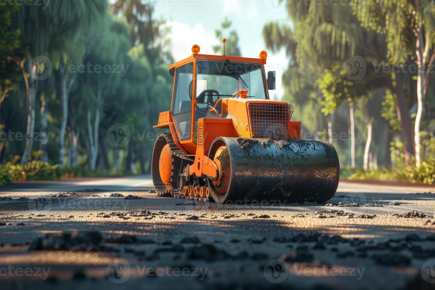 Road roller working on a new road surrounded by trees photo