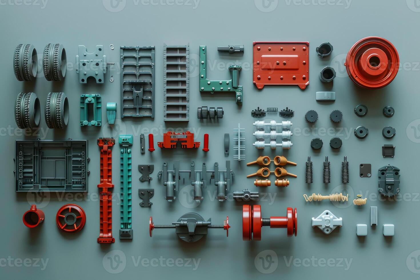 Machine parts organized neatly on a teal background photo