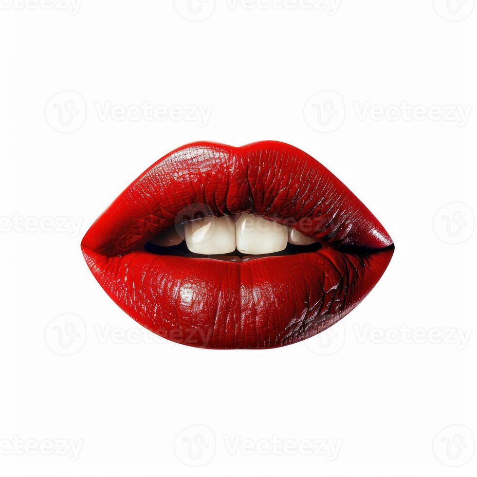 Sexy red lips showing white teeth on white background photo
