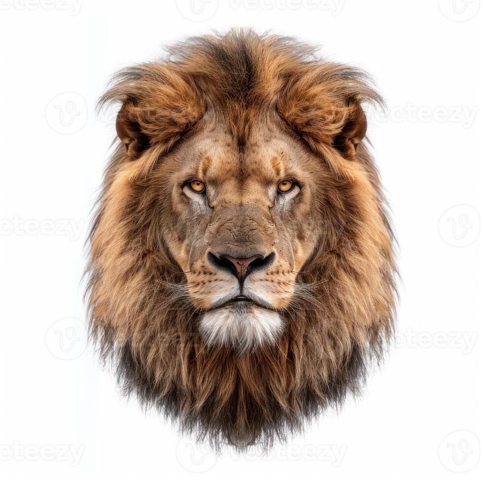 Majestic lion face staring with intense gaze on white background photo