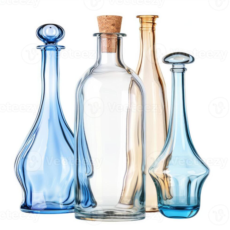Empty glass bottles with cork lid standing on white background photo