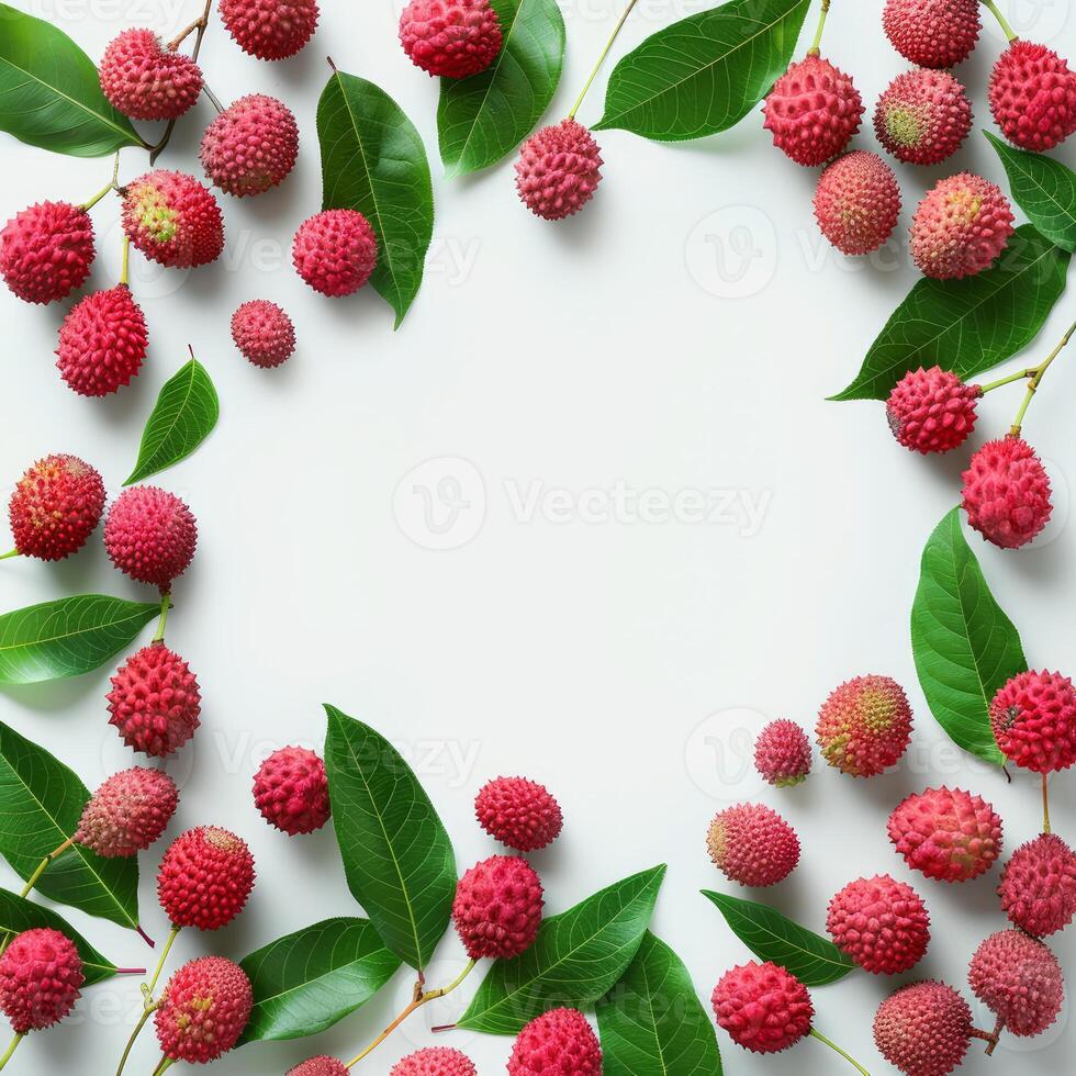Frame of fresh lychees and green leaves creating empty space photo
