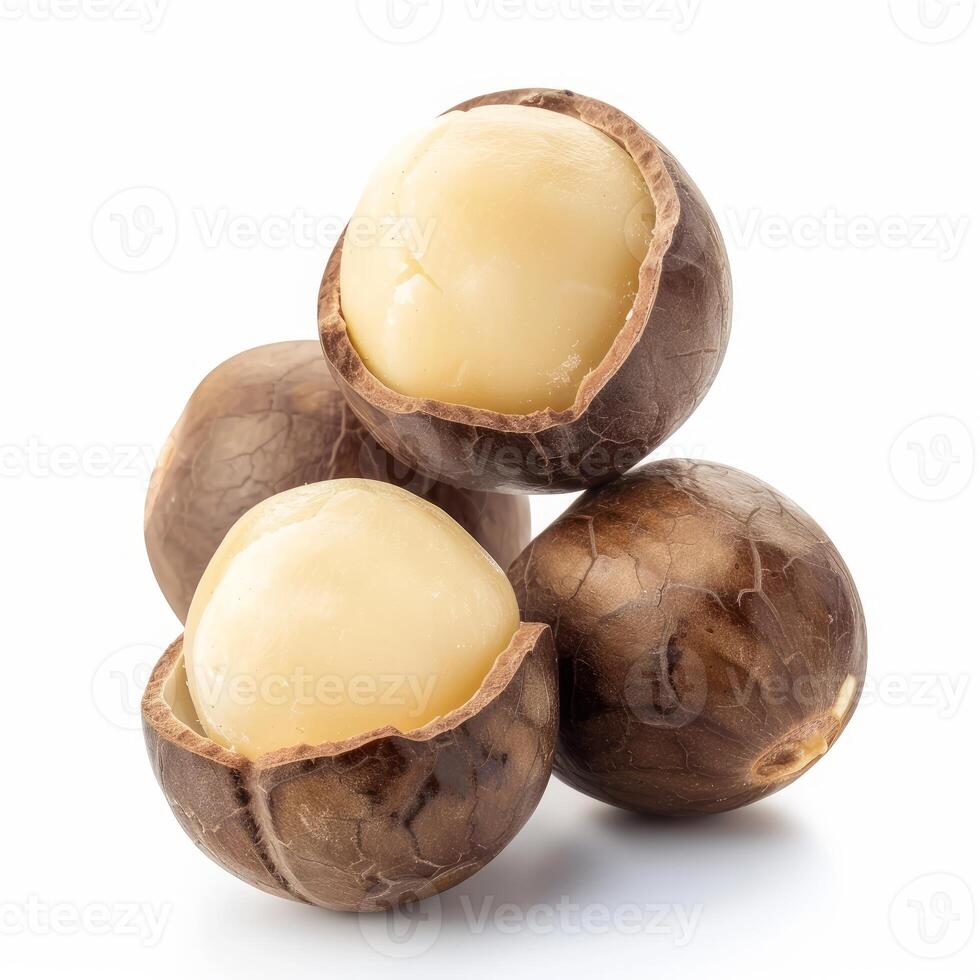 Macadamia nuts showing cracked shells revealing nutmeat on white background photo