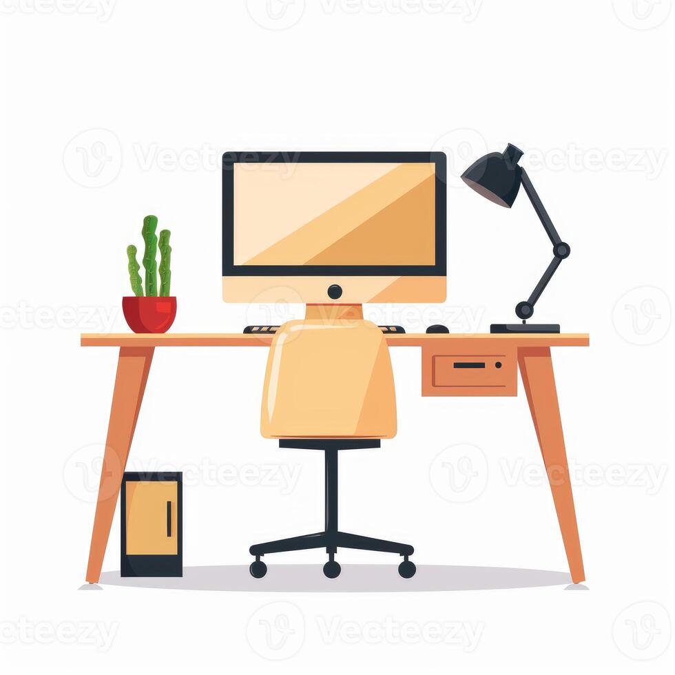 Modern office desk setup with computer, lamp, and plant photo
