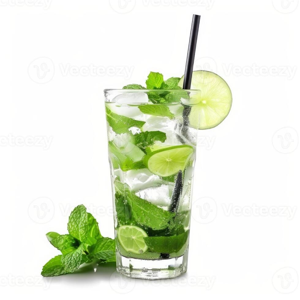 Refreshing mojito cocktail with lime, mint, and ice cubes on white background photo