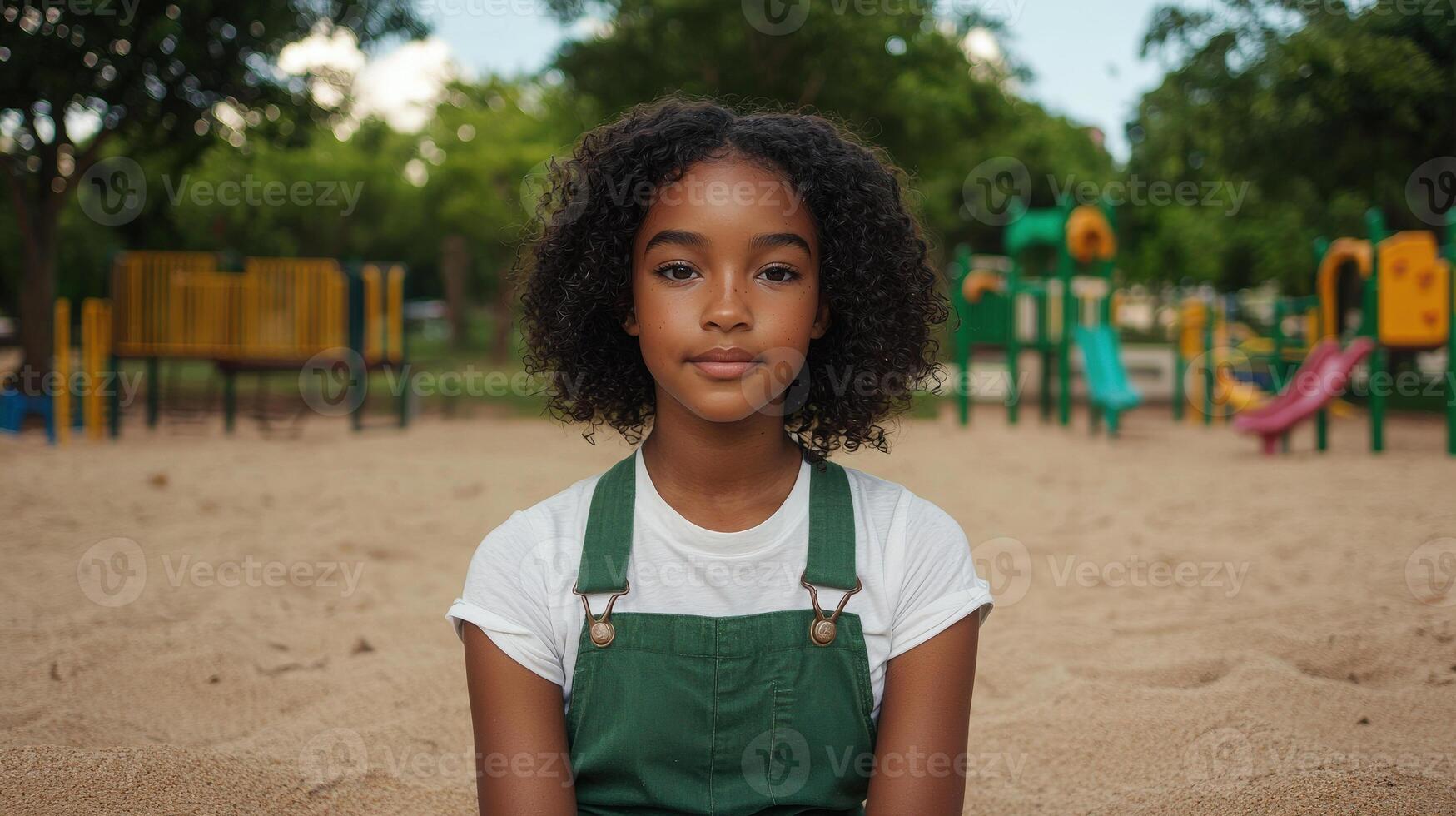 young girl with curly hair sits thoughtfully in playground, surrounded by colorful play equipment. scene captures moment of calm and reflection in vibrant outdoor setting photo