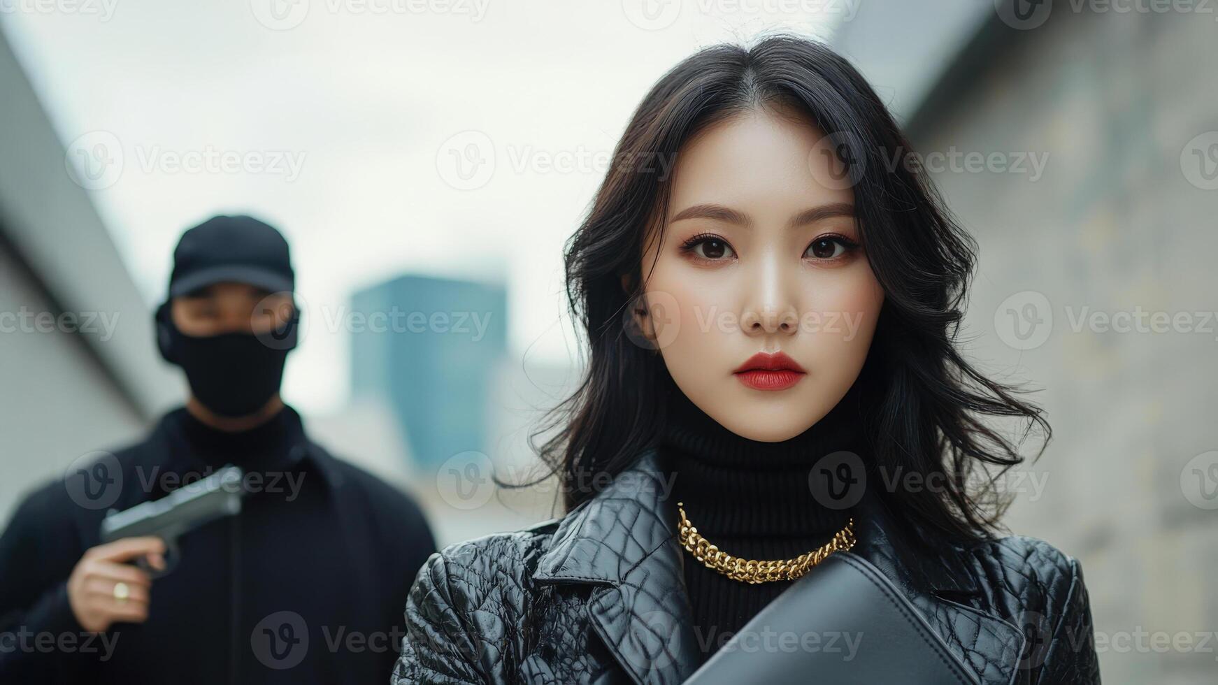 young woman in stylish black outfit stands confidently, while masked figure lurks behind her, creating tense atmosphere photo