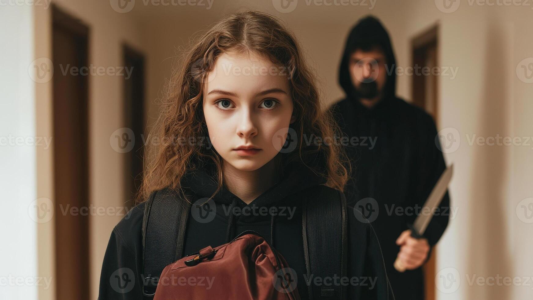 young girl with backpack stands in hallway, looking concerned, while hooded figure with knife approaches from behind, creating tense atmosphere photo