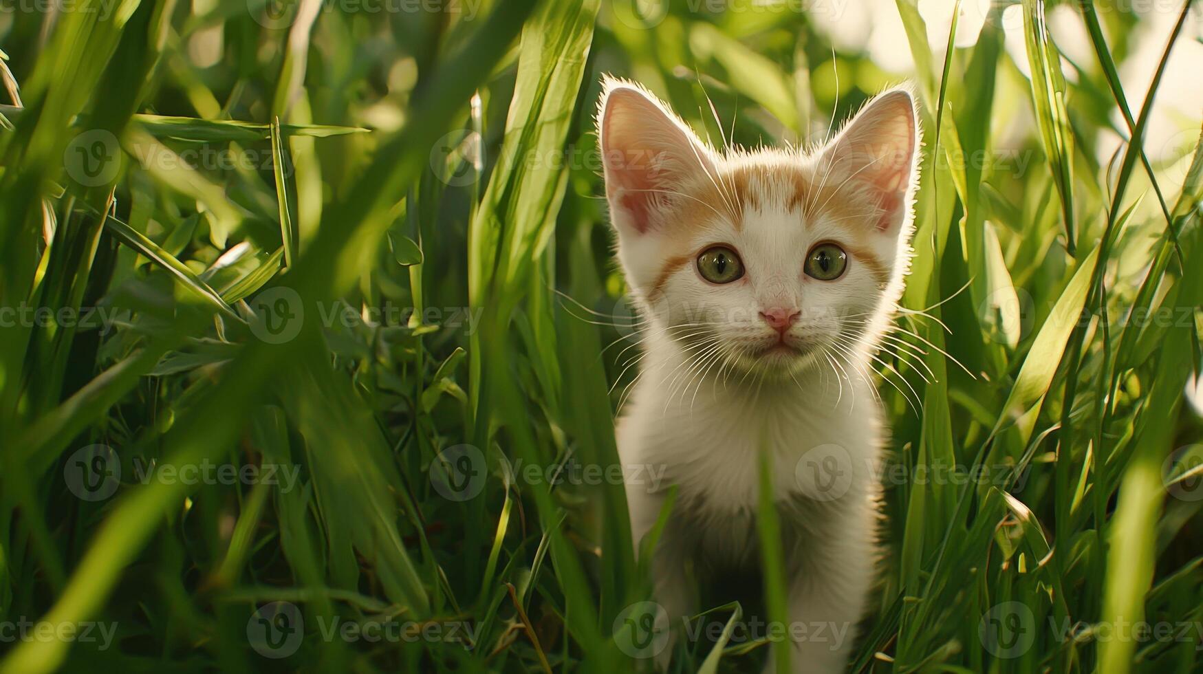 cute white kitten walks through green grass, looking at surroundings with curiosity and wonder. Its playful nature shines in this vibrant setting photo