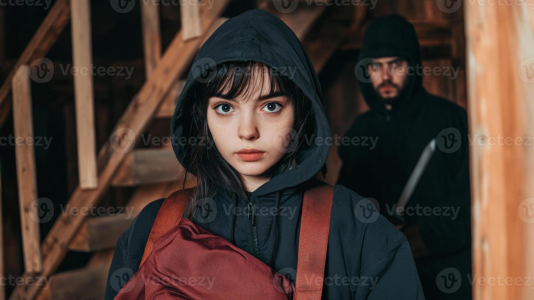 young woman in dark hoodie stands in dimly lit interior, conveying sense of tension and suspense. figure lurks in background, adding to atmosphere photo