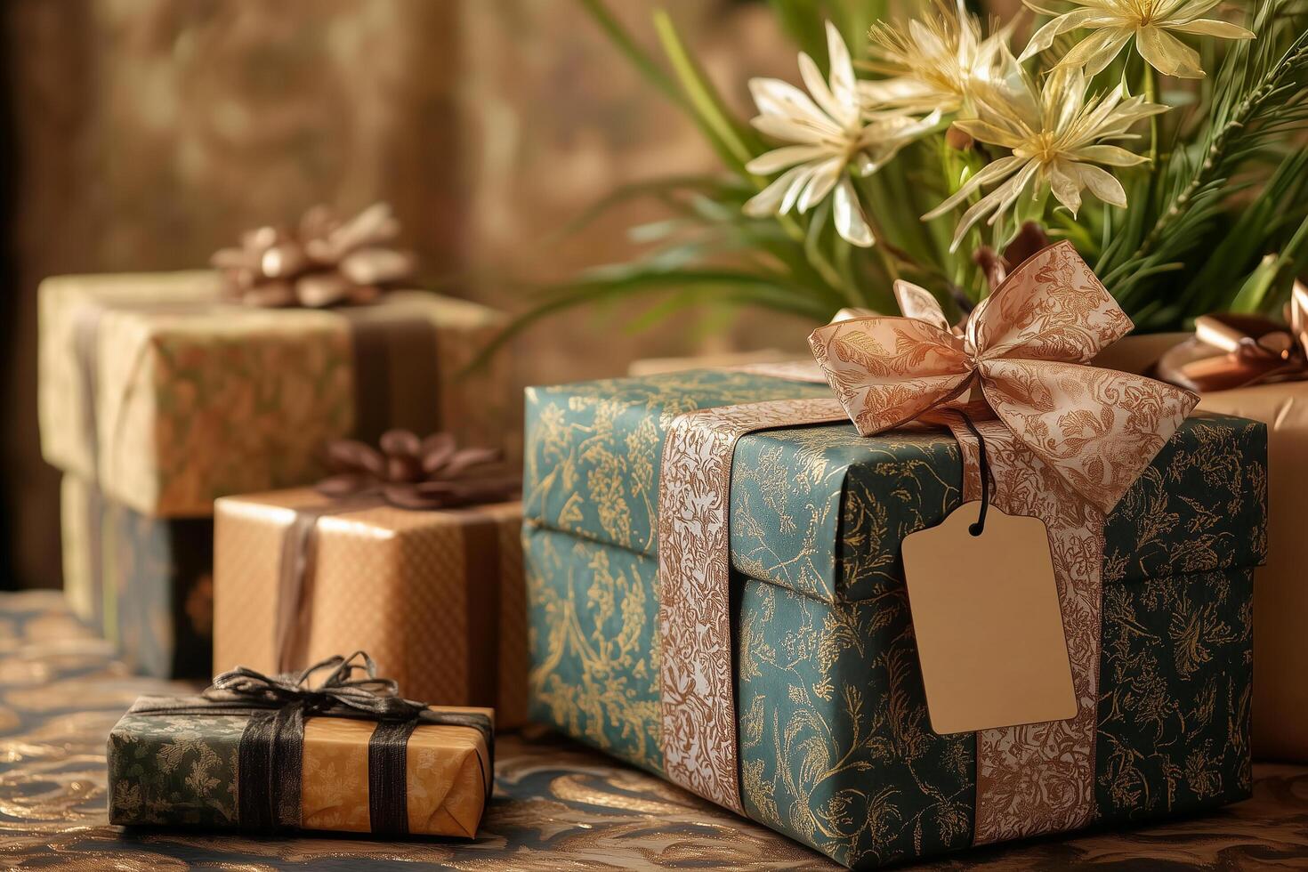 A refined display of beautifully wrapped gift boxes with intricate patterns photo