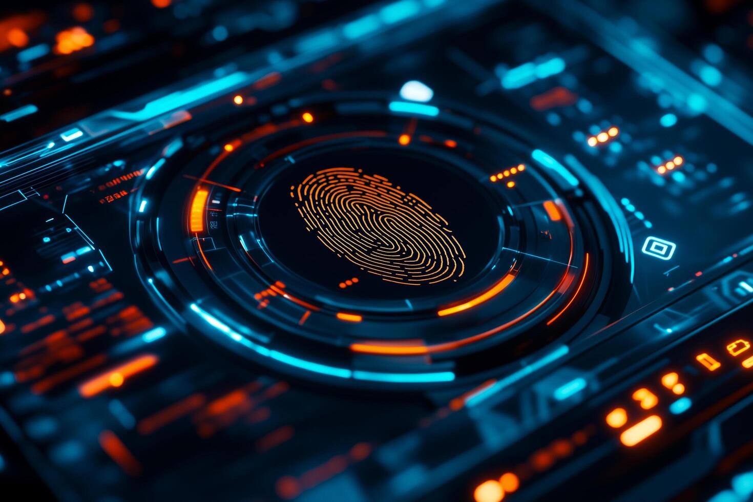 High-tech digital fingerprint scanner interface with glowing blue and orange accents photo